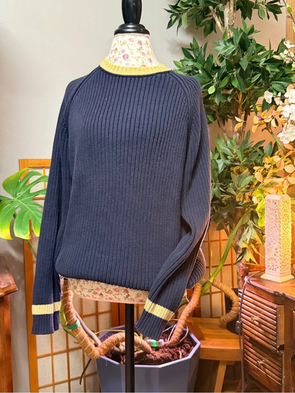 Vintage 90s J Crew Shaker Rib Knit Sweater - 100 Cotton - Men’s Large -blue& tan